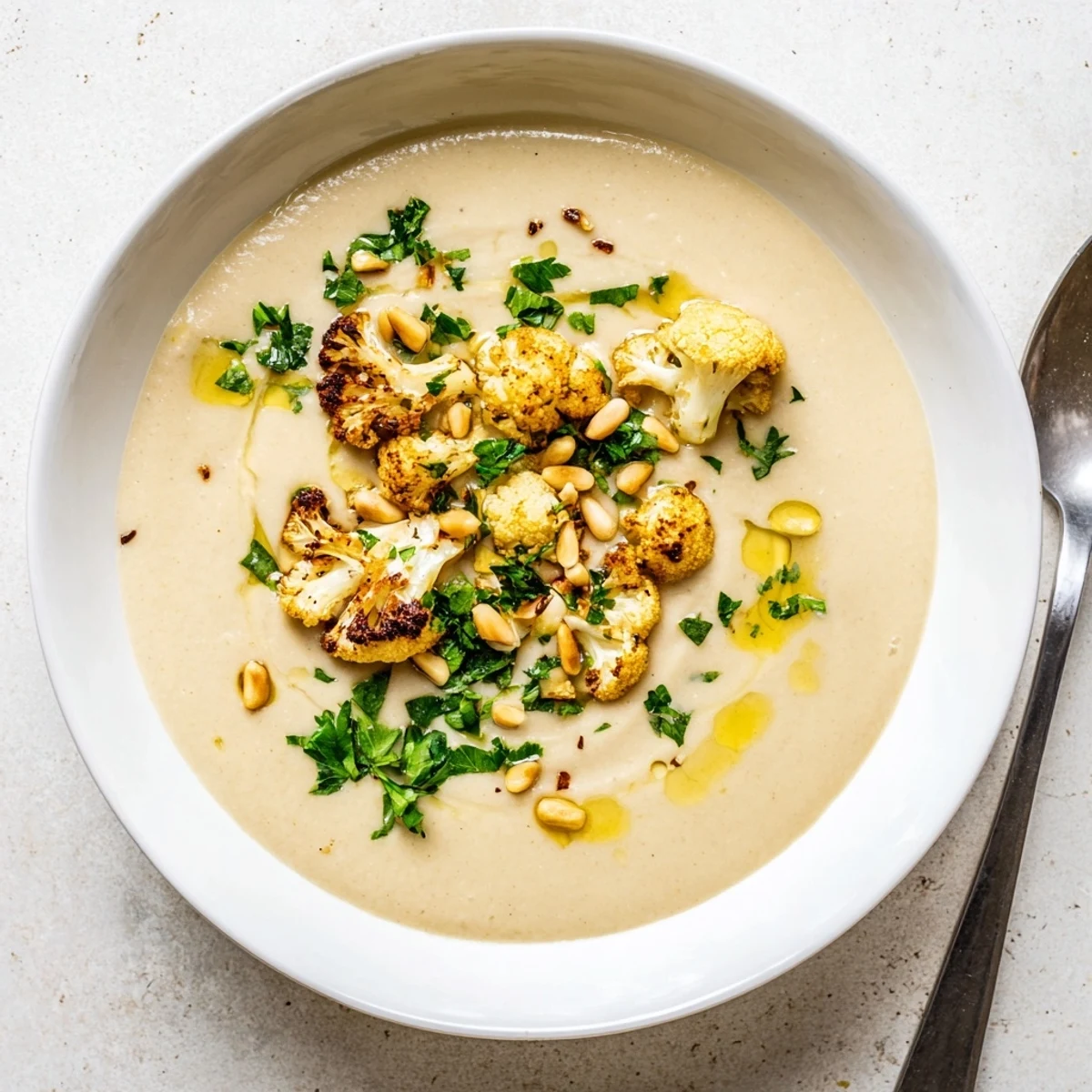 Golden roasted cauliflower soup with aromatic herbs and lemon zest garnish on a rustic wooden table