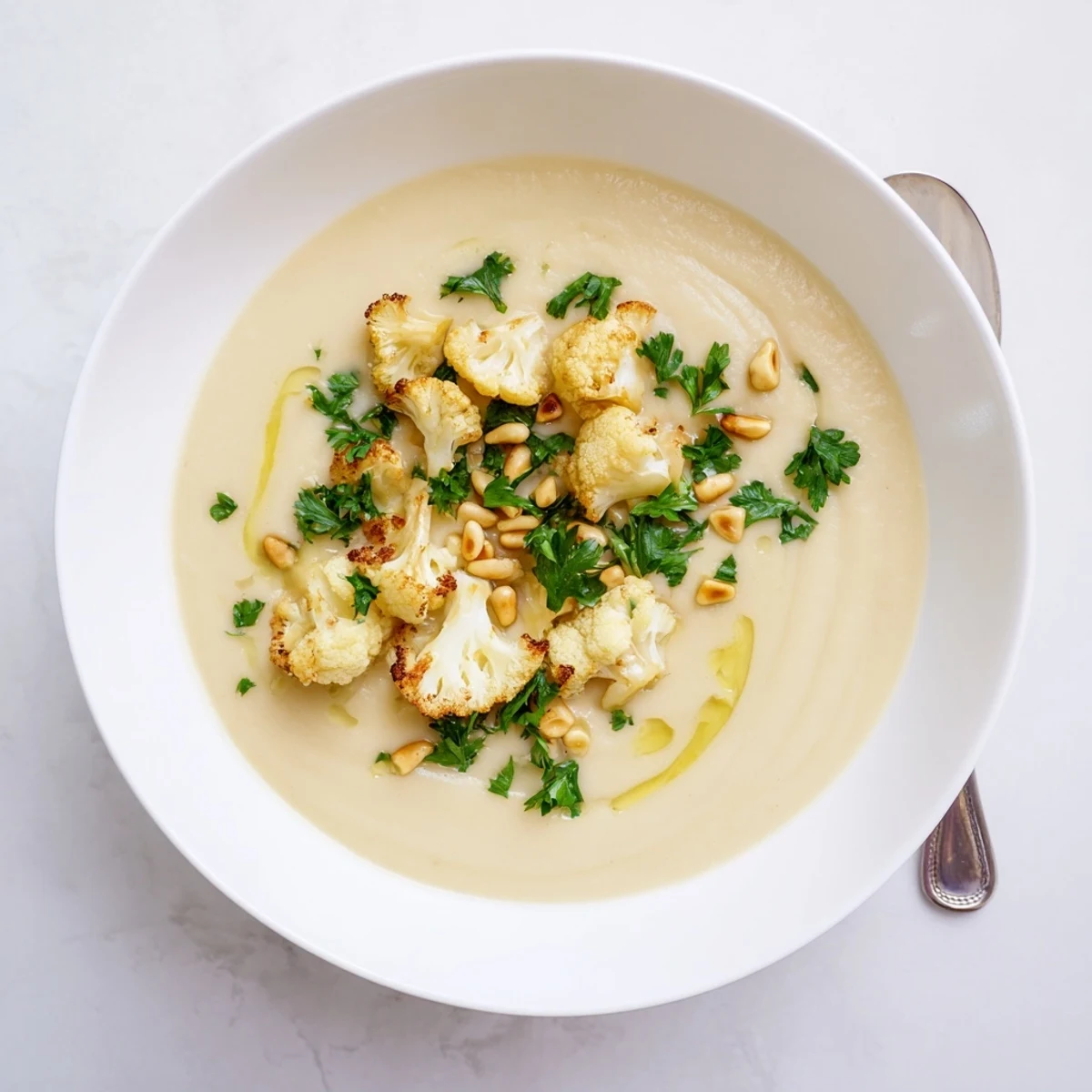 Velvety Mediterranean cauliflower soup drizzled with olive oil and served with crusty bread