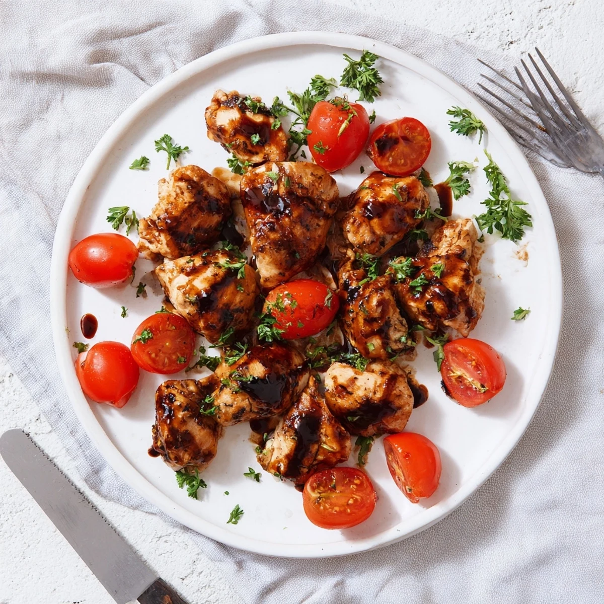 Golden brown balsamic baked chicken breast resting on a white serving plate