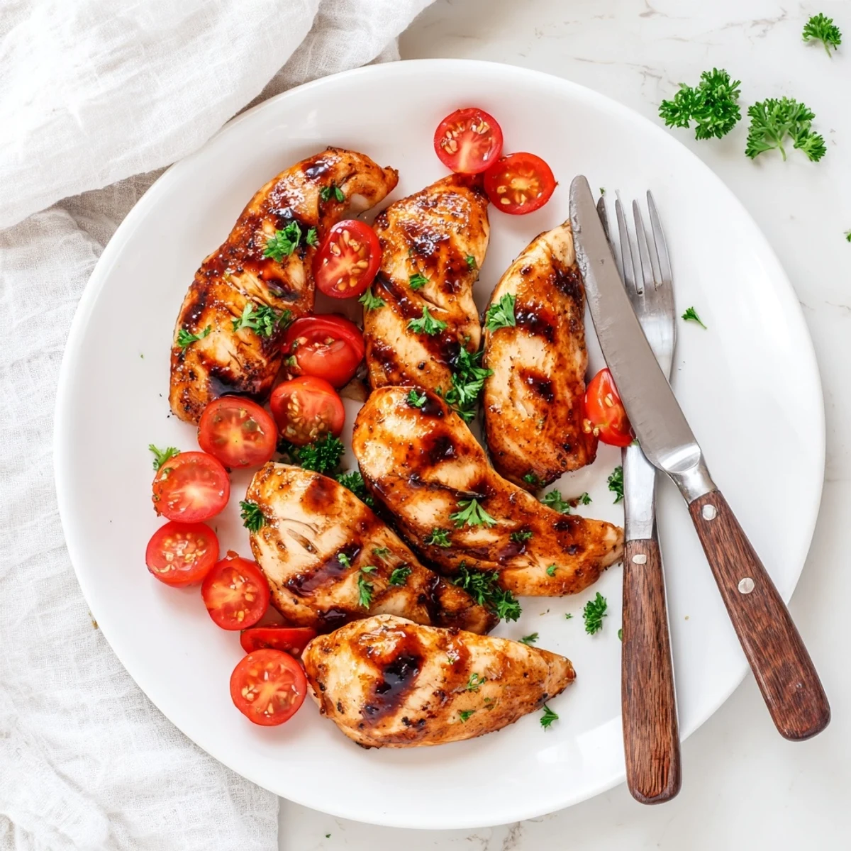 Tender oven baked chicken breast drizzled with tangy balsamic honey glaze