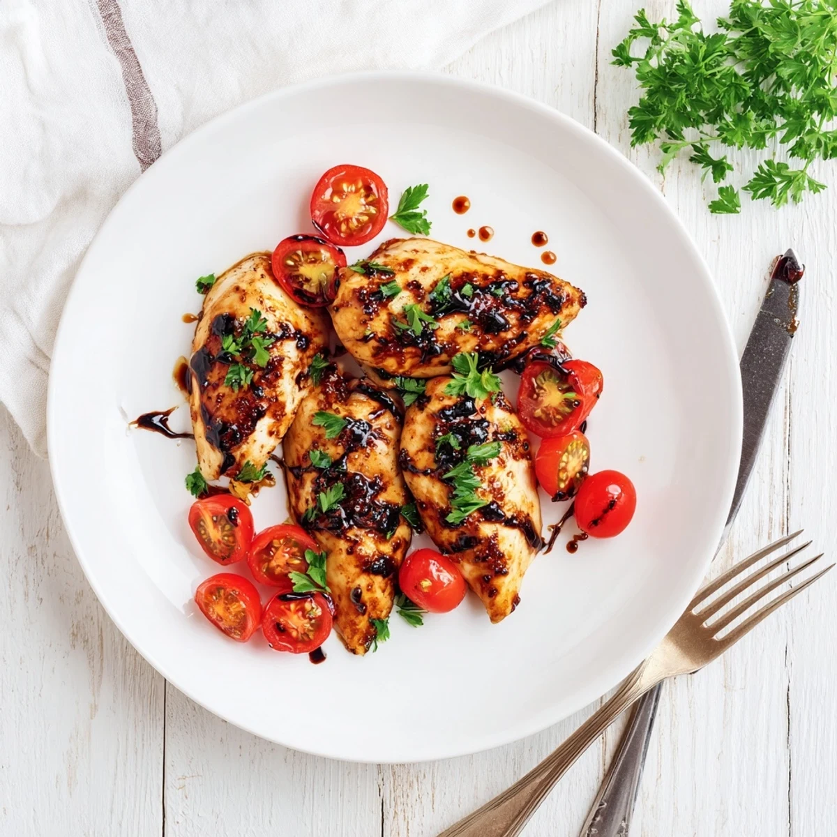Juicy glazed chicken breast with caramelized balsamic coating garnished with fresh parsley