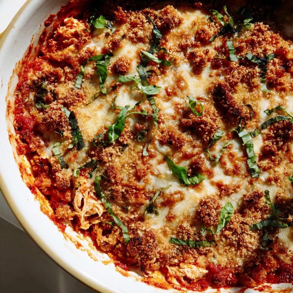 Golden bubbling keto chicken parmesan casserole with melted mozzarella and fresh basil garnish