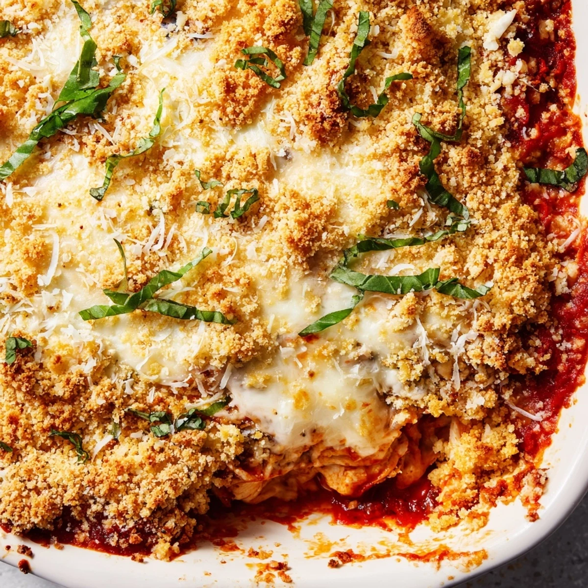 Comforting low-carb chicken parmesan casserole featuring tangy marinara sauce and crispy cheesy topping