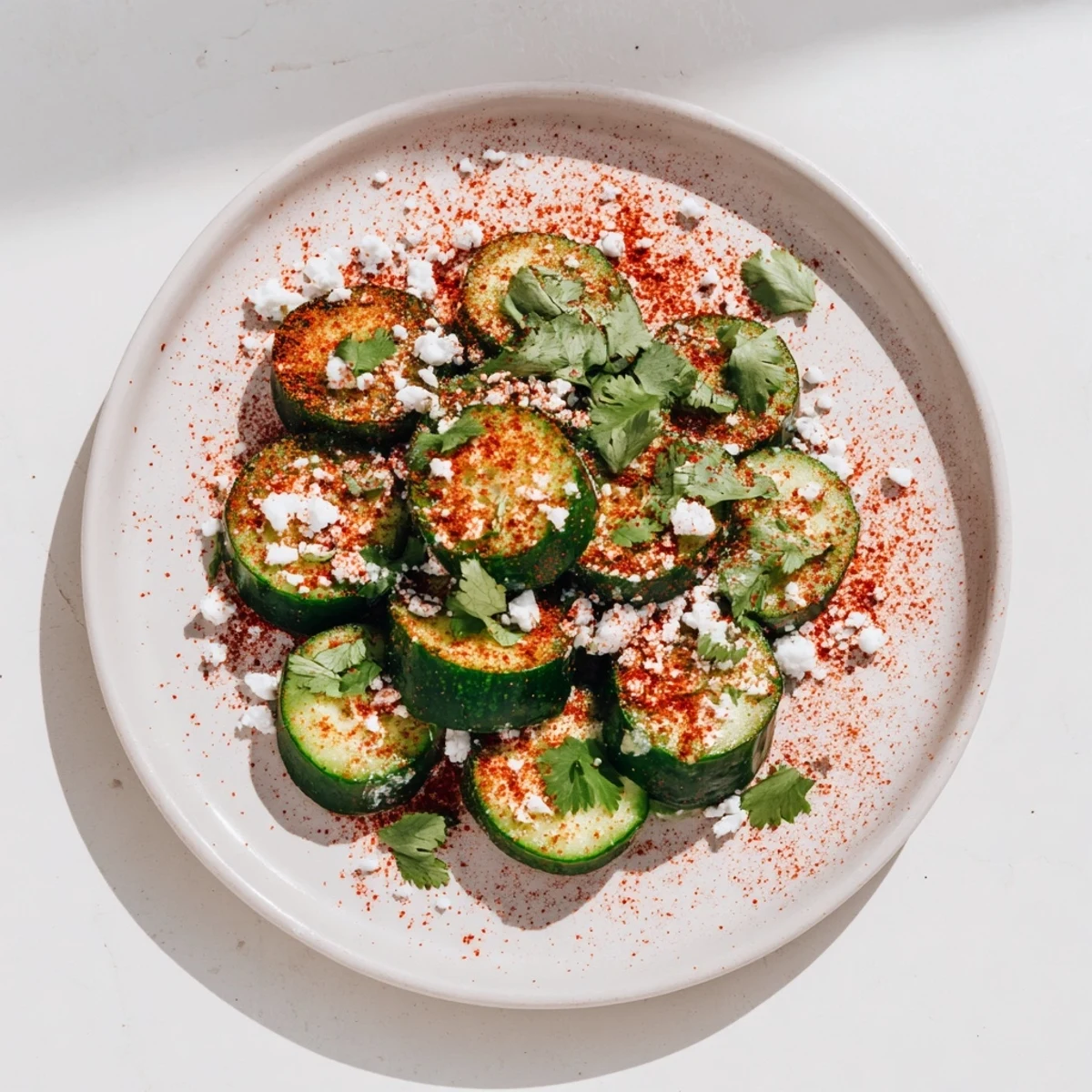 Fresh Mexican style cucumbers sprinkled with red chili powder and bright green cilantro garnish