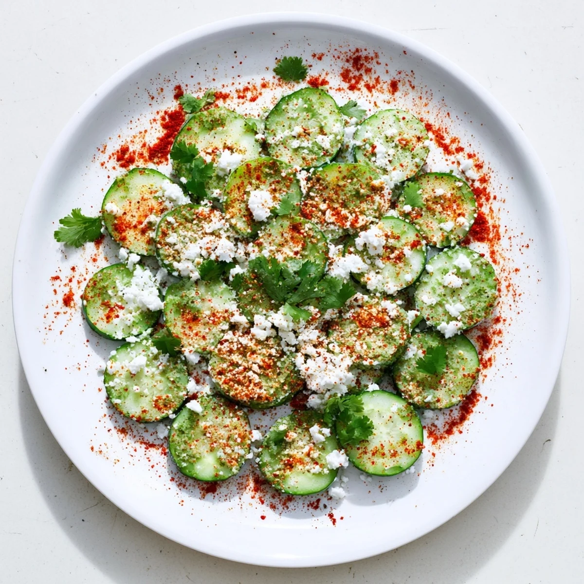 Crisp cucumber rounds coated in zesty lime juice and spicy chili powder for summer snacking