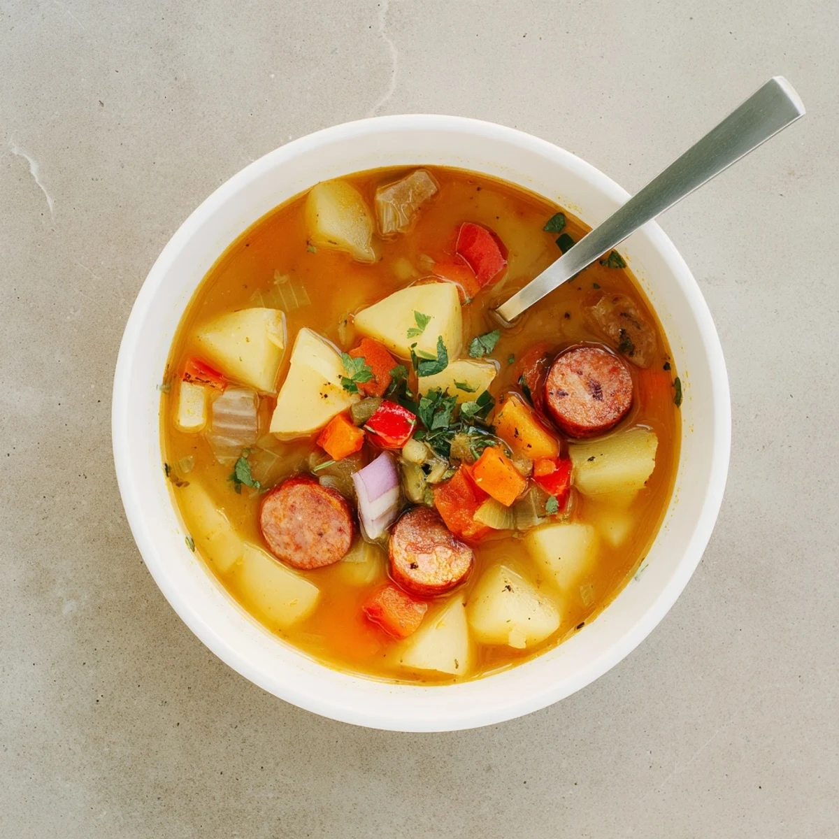 Rustic bowl of Spanish Potato Soup with Chorizo topped with crispy sausage slices and fresh parsley garnish