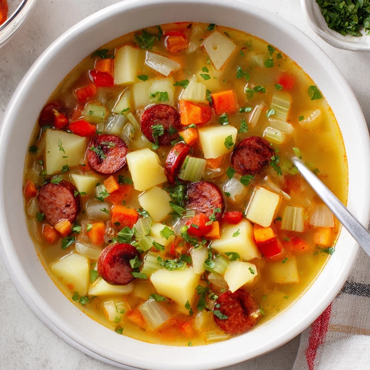 Creamy Spanish Potato Soup with Chorizo featuring tender potatoes, colorful vegetables, and smoky paprika in a deep bowl