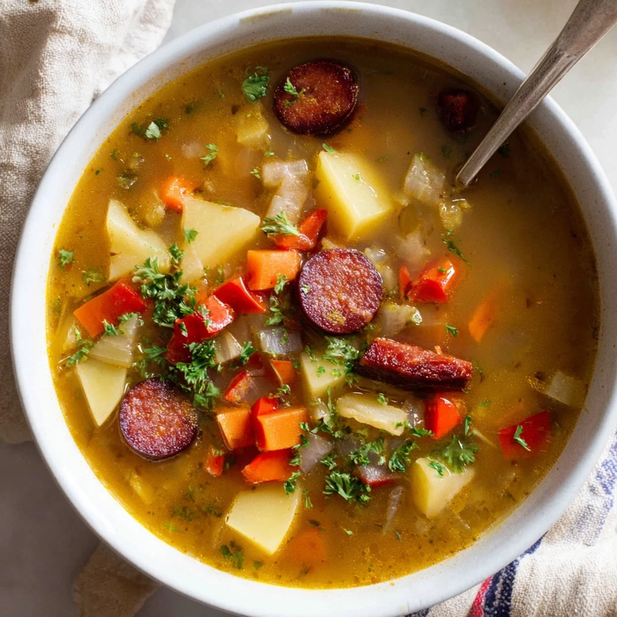 Steaming Spanish Potato Soup with Chorizo served with crusty bread, displaying golden potato chunks and vibrant red peppers