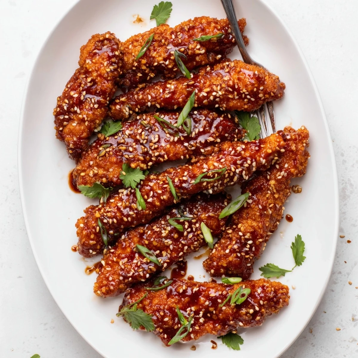 Golden crispy Thai sticky chicken fingers glazed with sweet spicy sauce and sesame seeds