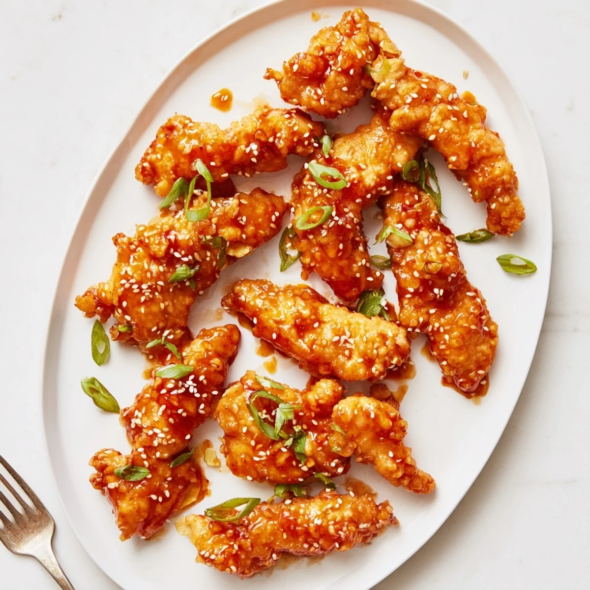 Plate of sticky chicken fingers garnished with spring onions and fresh cilantro leaves