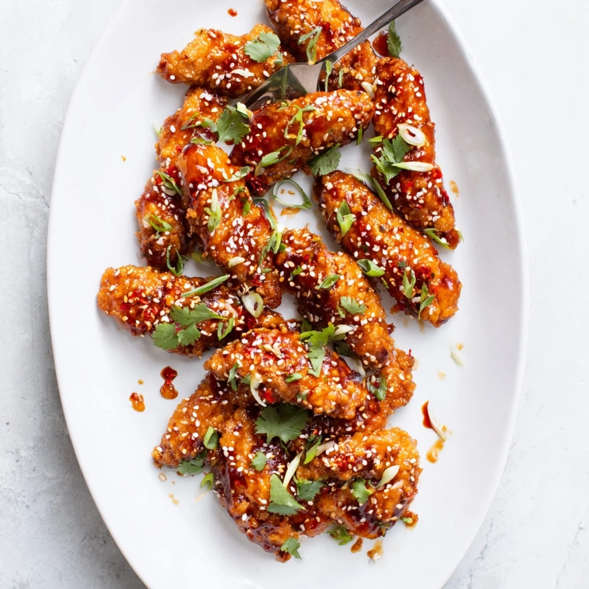 Tender oven-baked chicken tenders coated in panko breadcrumbs topped with Thai chili glaze