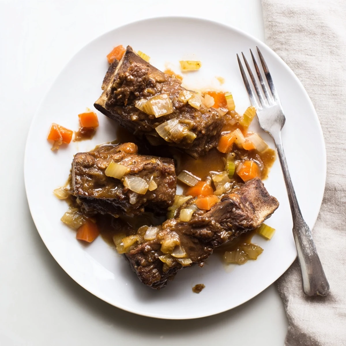 Golden maple bourbon glazed short ribs glistening with sticky caramelized sauce on a white serving plate