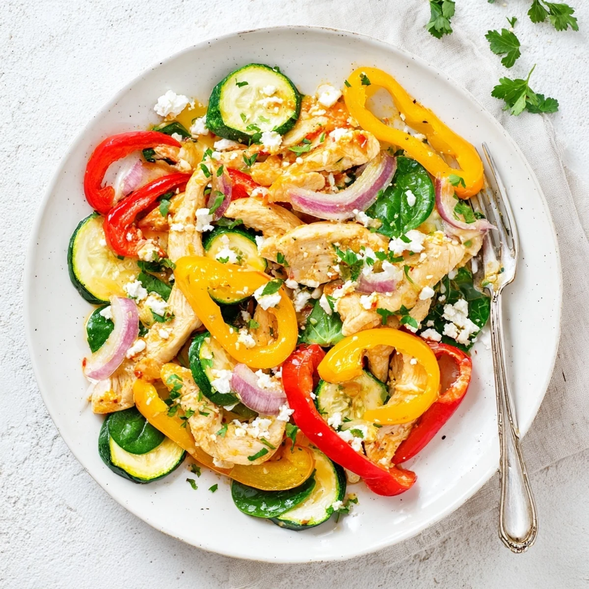 Golden Mediterranean chicken stir fry with colorful bell peppers zucchini and cherry tomatoes in skillet