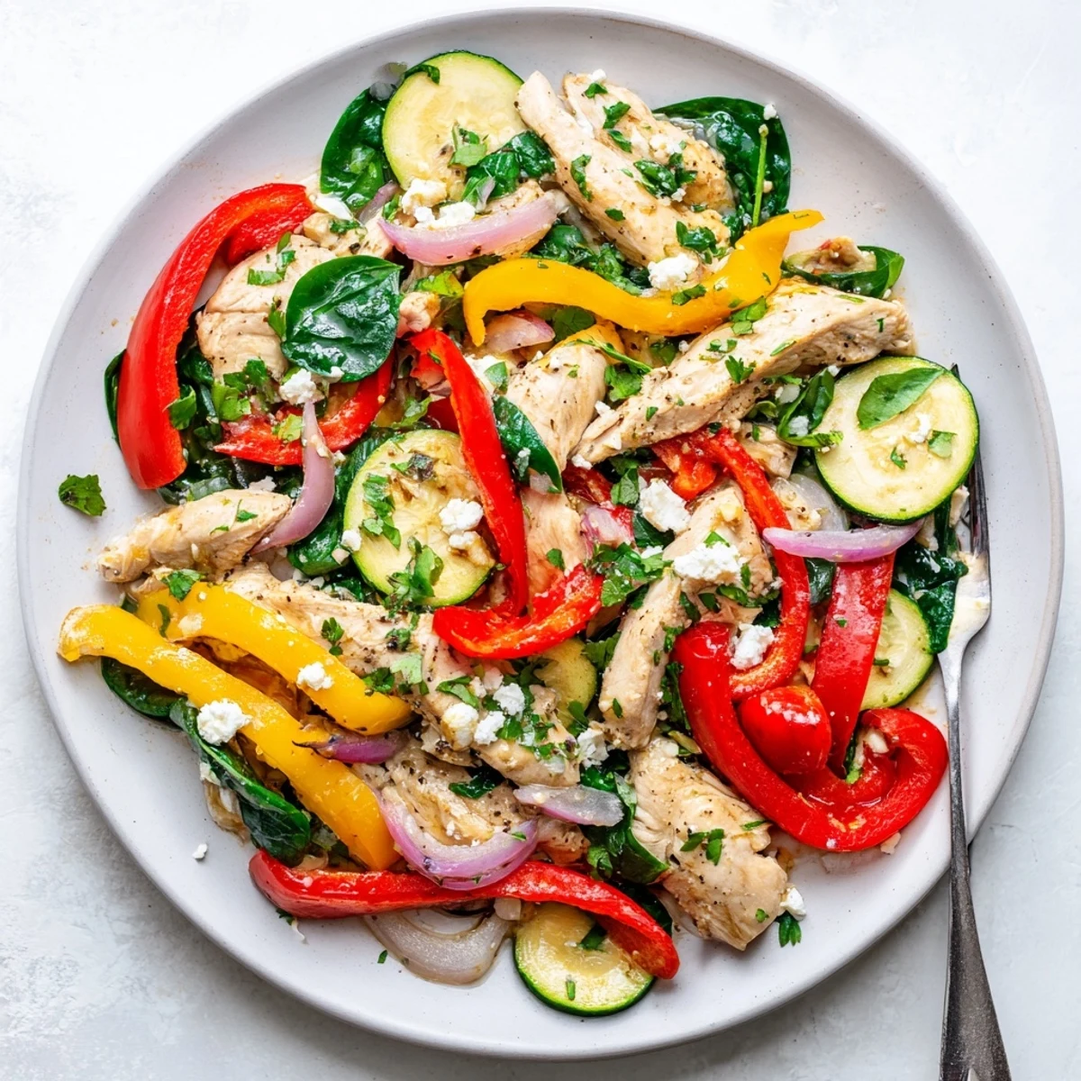 Tender chicken and crisp vegetables tossed in lemon herb sauce garnished with fresh parsley