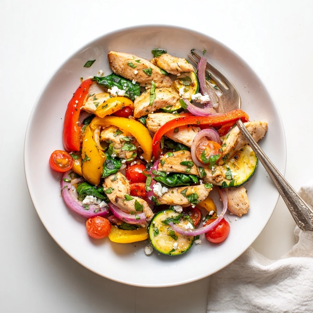 Healthy gluten-free Mediterranean chicken stir fry served over fluffy rice with crumbled feta cheese topping