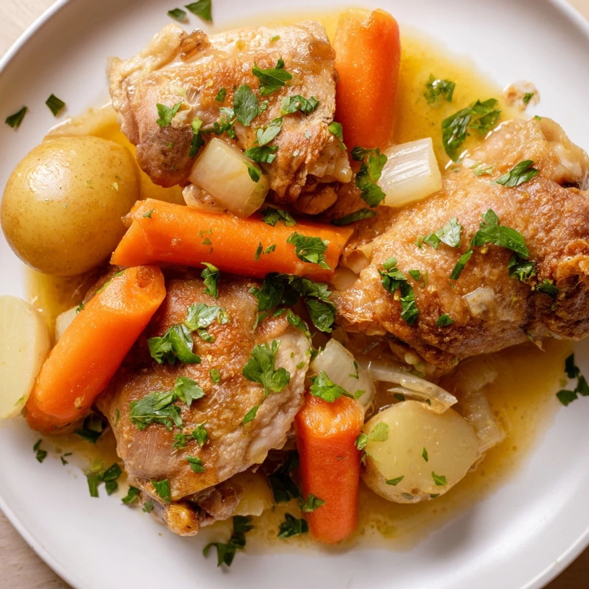 Golden brown healthy savory slow cooker chicken served with tender vegetables and fresh parsley garnish