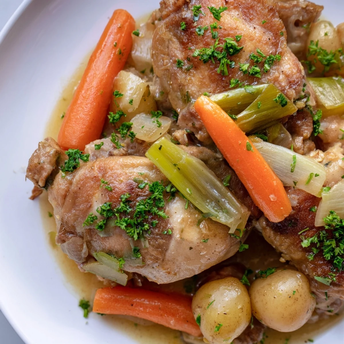 Tender juicy slow cooker chicken thighs nestled alongside carrots, celery, and baby potatoes in rich broth