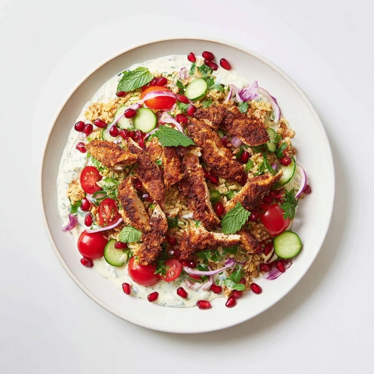 Golden chicken shawarma spiced with aromatic spices atop crispy rice and fresh vegetables