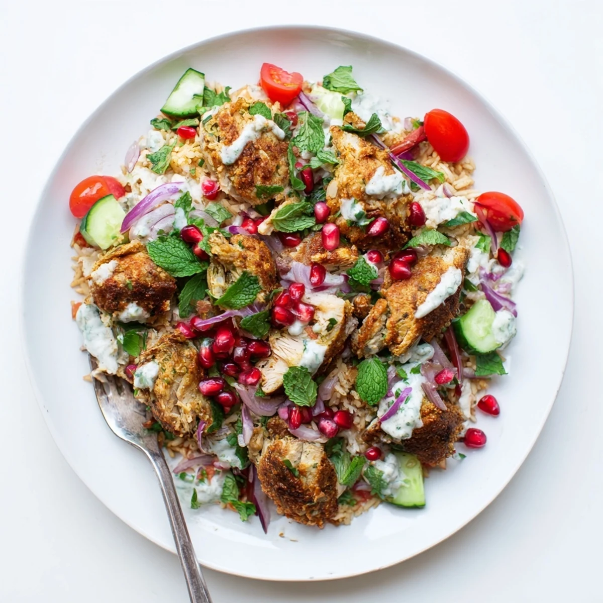 Colorful bowl featuring crispy rice, spiced chicken, cucumber, tomatoes, and creamy yogurt-tahini drizzle