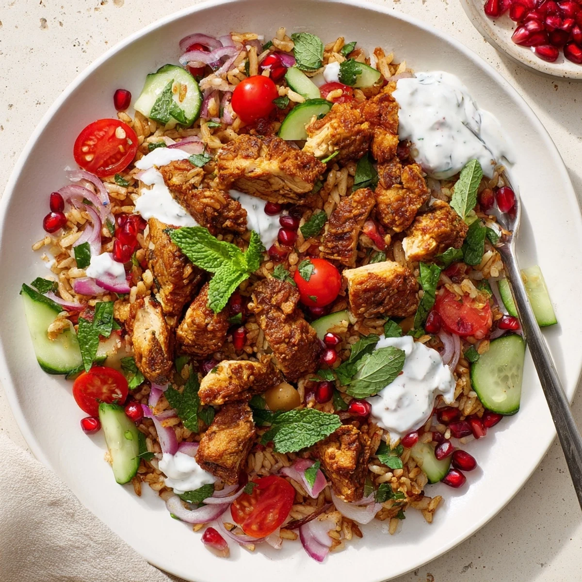 Vibrant chicken shawarma crispy rice salad garnished with pomegranate seeds and fresh herbs
