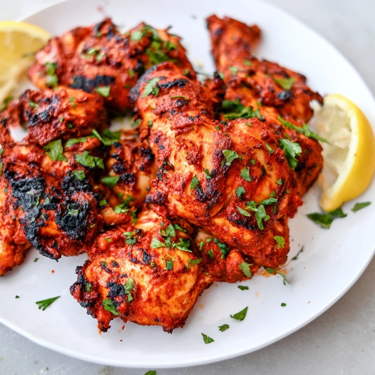 Grilled peri peri chicken Portuguese style sizzling on a platter with fresh lemon wedges and parsley garnish