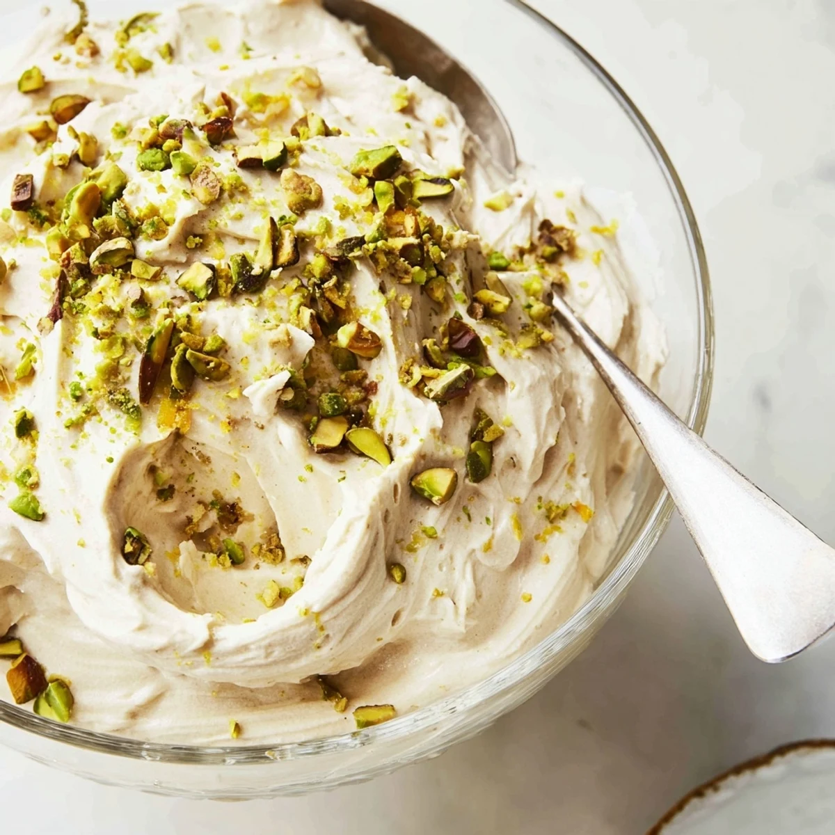Fluffy Lebanese date orange blossom mousse garnished with nutty pistachios and citrus shavings
