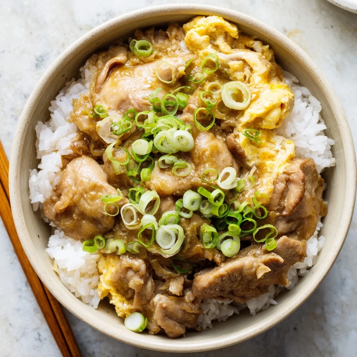 Steaming bowl of fluffy Oyakodon topped with tender chicken and silky scrambled eggs