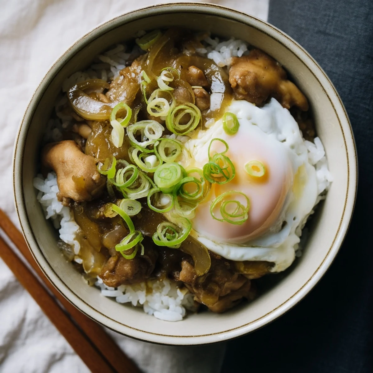 Comforting Oyakodon rice bowl with runny eggs, chicken pieces, and fresh green onion garnish