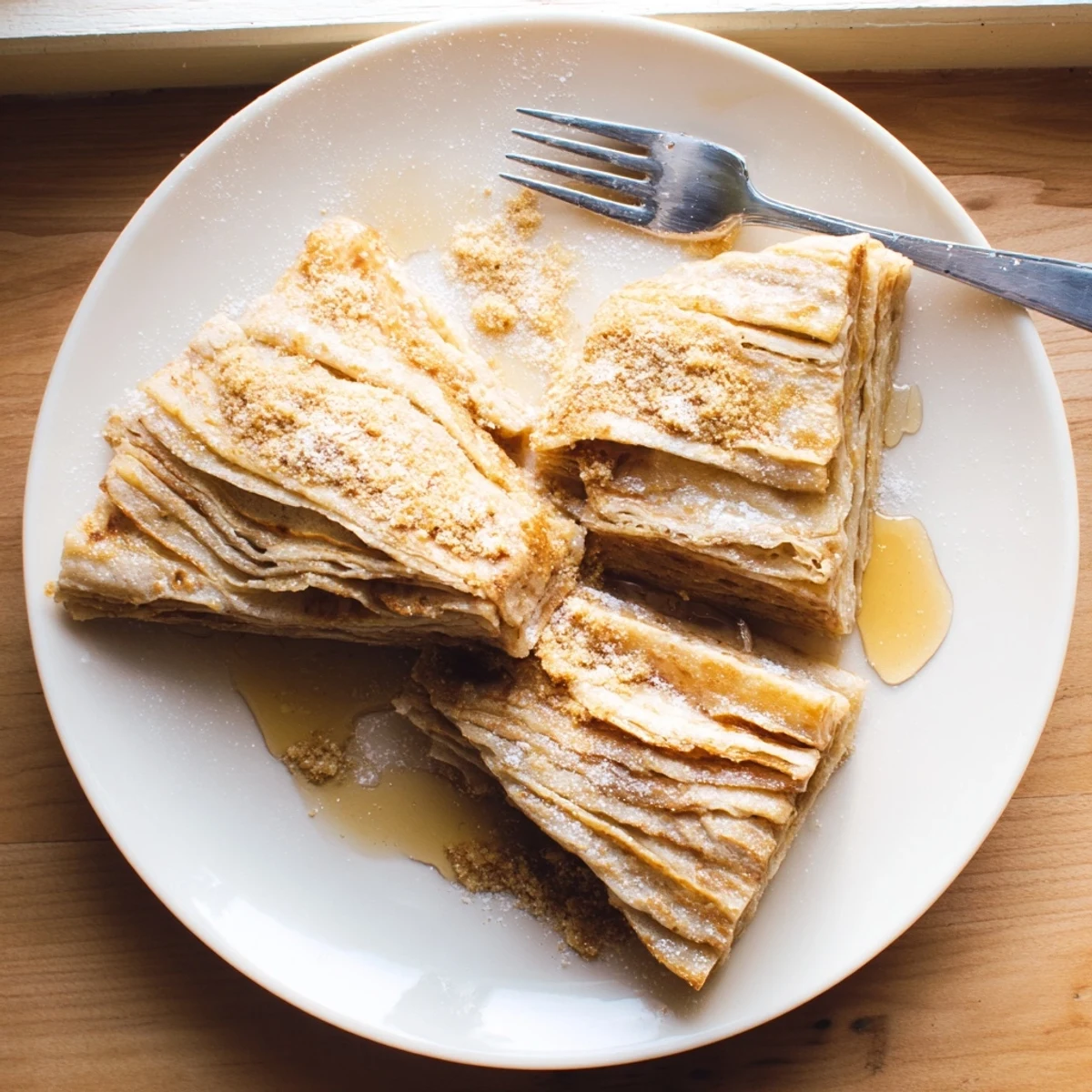 Golden stack of Meloui Moroccan pancakes drizzled with honey on a white serving plate