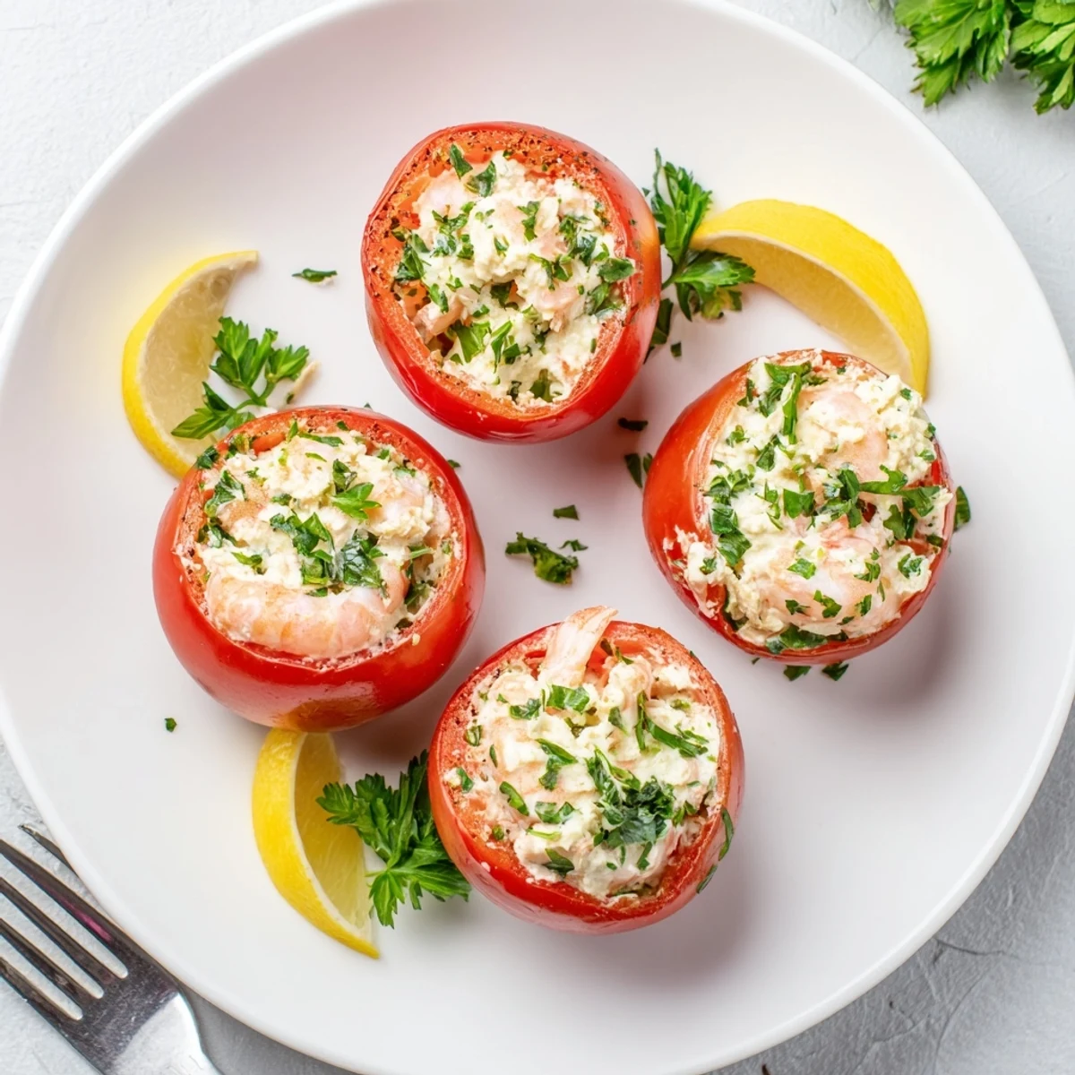Ripe Belgian tomatoes stuffed with creamy North Sea shrimp salad and fresh herbs