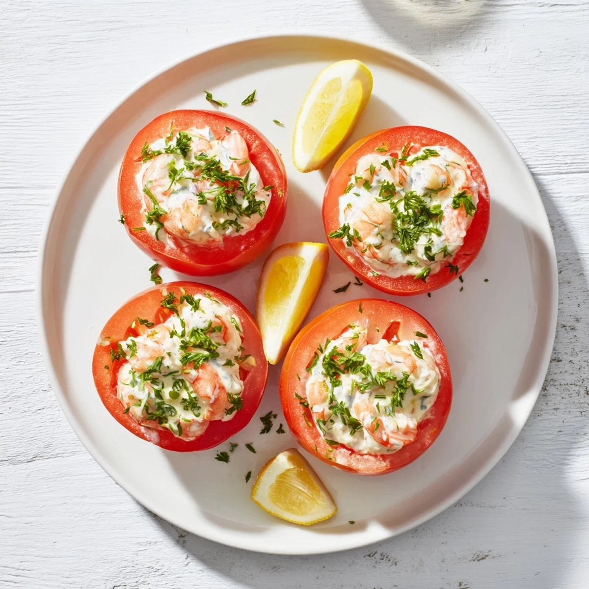 Golden brown shrimp filling overflowing from hollowed red tomatoes on serving platter