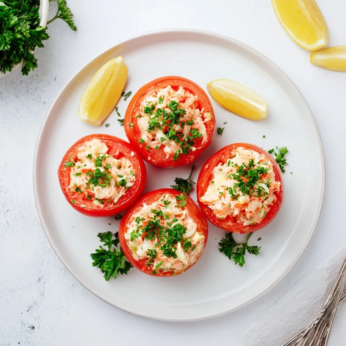 Classic Belgian appetizer featuring mayonnaise-dressed shrimp in fresh tomato shells with parsley garnish