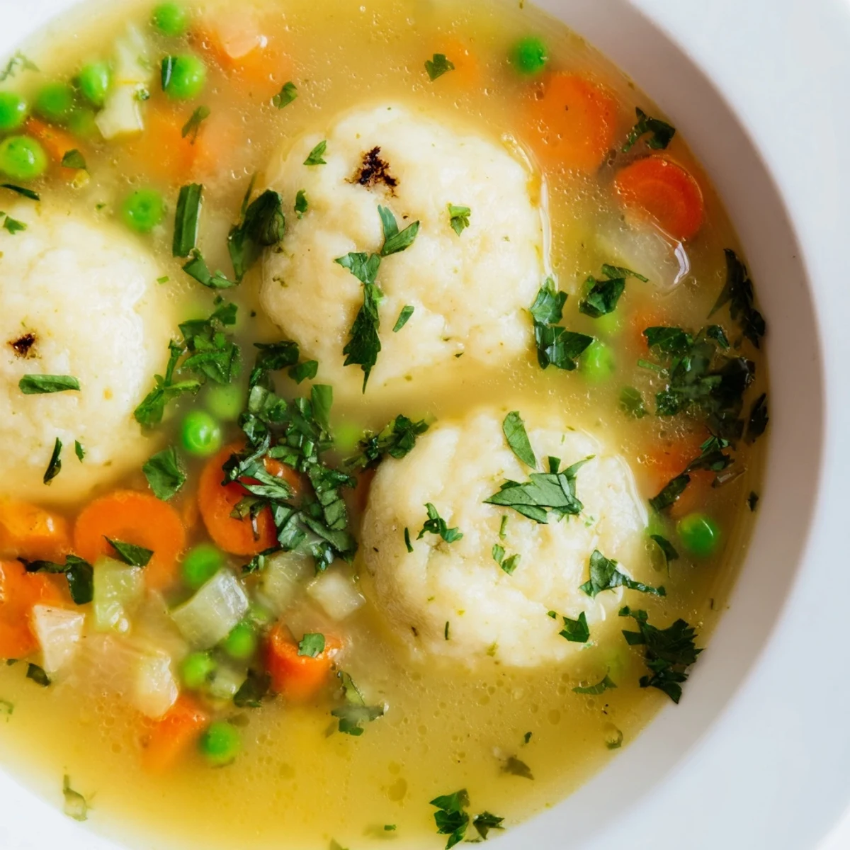 Steaming bowl of fluffy dumpling soup featuring tender dumplings in savory vegetable broth with fresh herbs