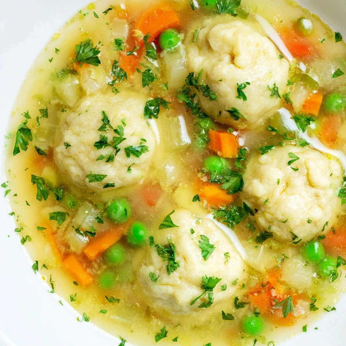 Comforting dumpling soup with pillowy dough pieces simmered in rich broth alongside colorful carrots and celery