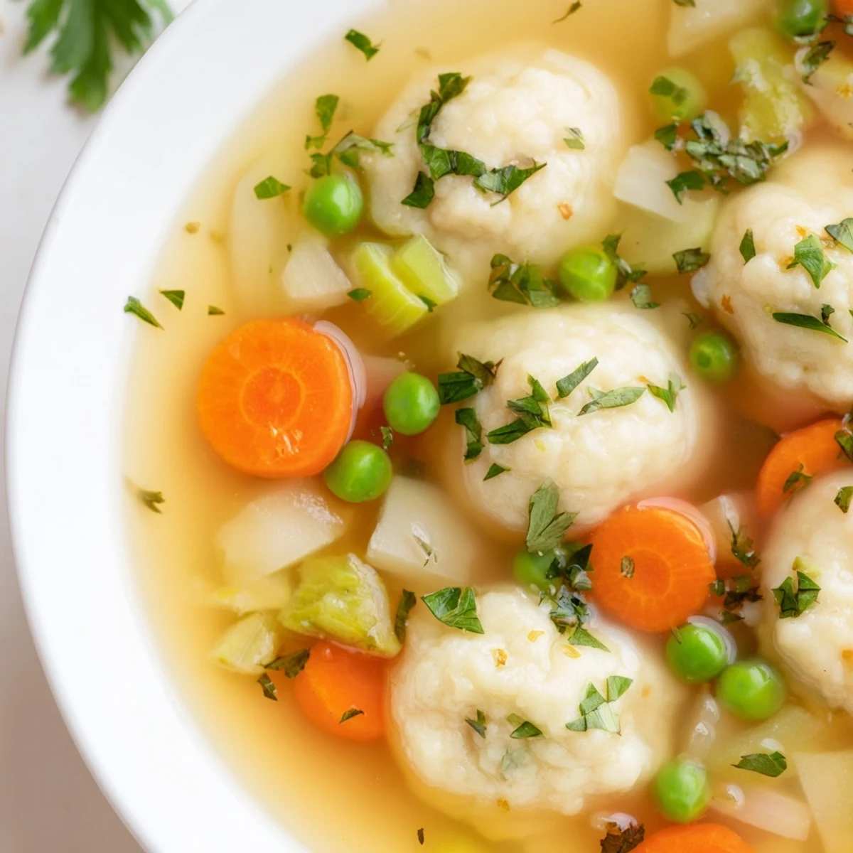 Rustic dumpling soup showcasing light fluffy dumplings floating in aromatic vegetable broth garnished with fresh parsley