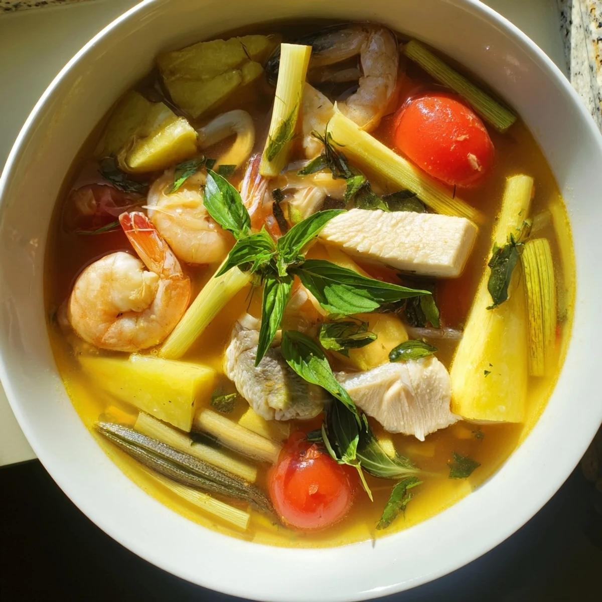 Golden bowl of Vietnamese Canh Chua soup with pineapple, tomato, fish chunks, and fresh green herbs