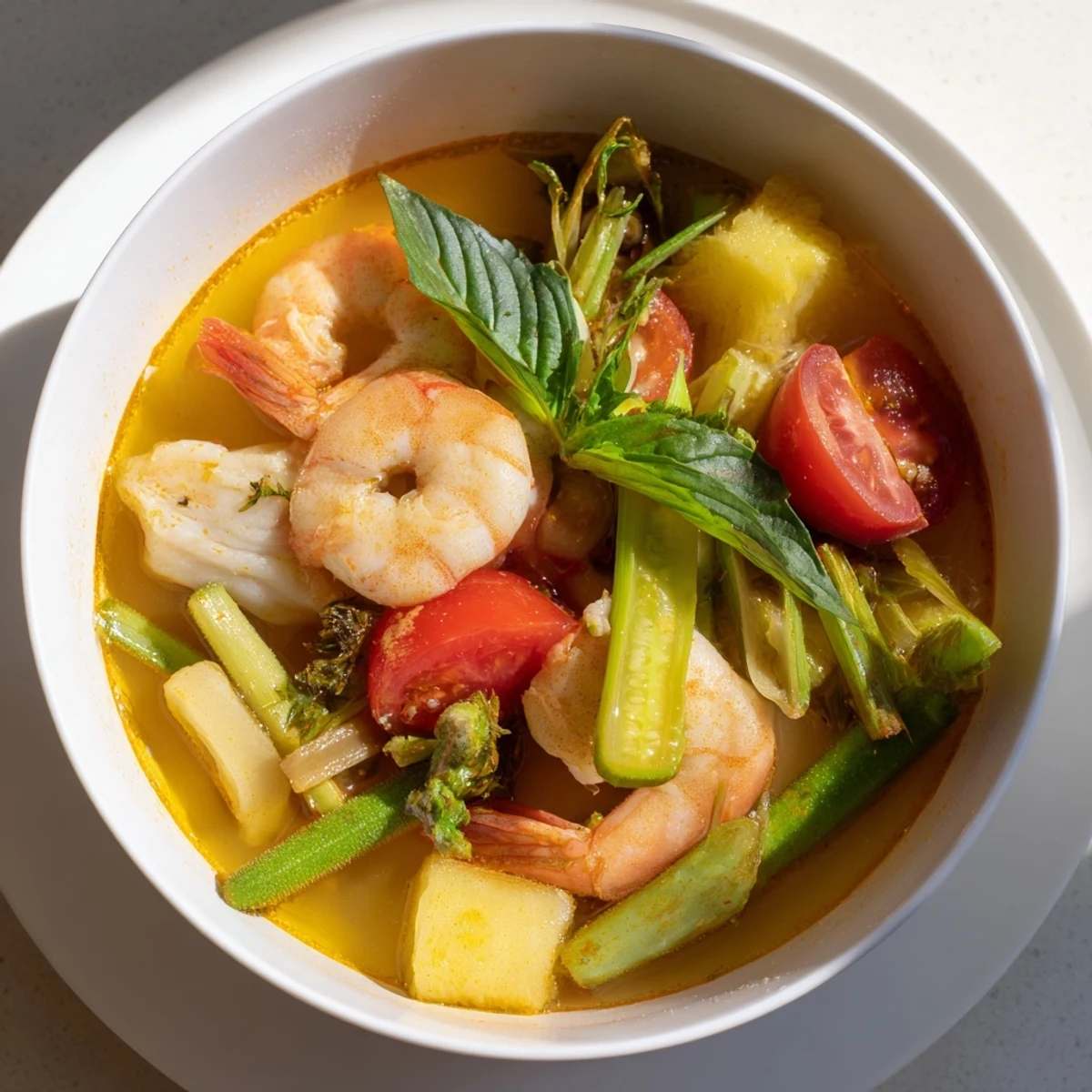 Vibrant Vietnamese Canh Chua featuring tender catfish, pineapple pieces, and aromatic Thai basil garnish