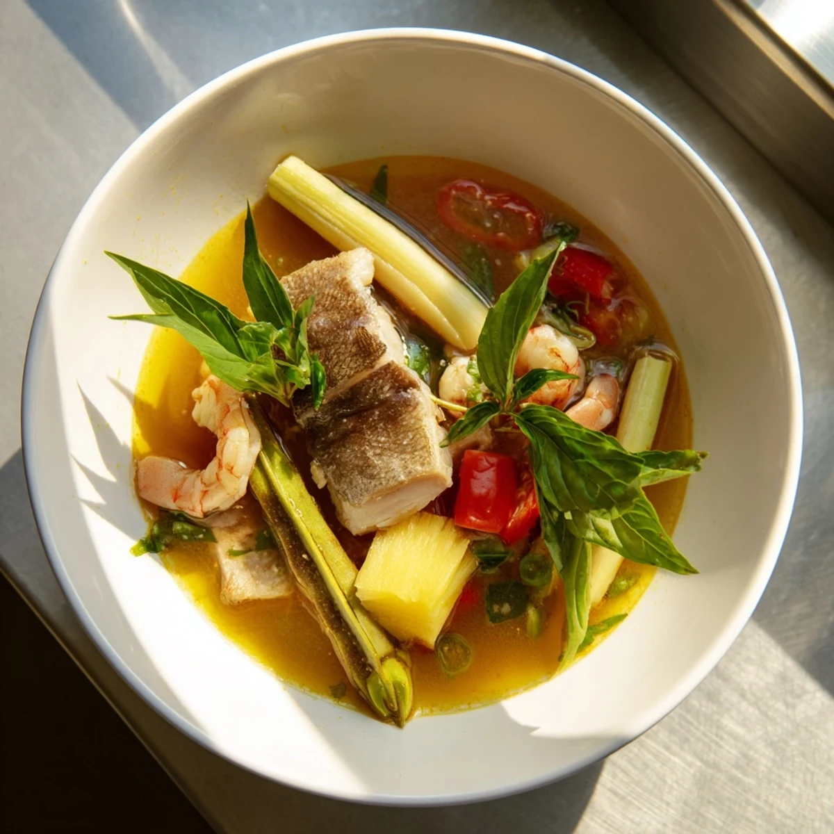 Savory sweet-sour Vietnamese Canh Chua soup bowl with okra, bean sprouts, and fluffy white rice