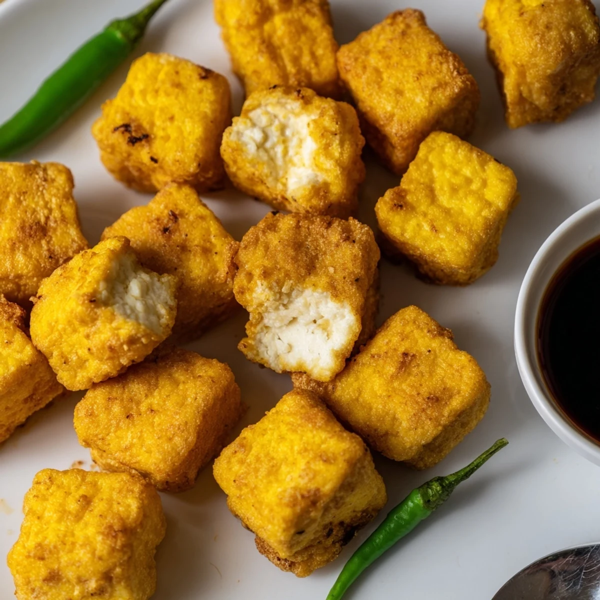 Fluffy interior tofu cubes in spiced golden batter arranged on rustic dark wooden serving board