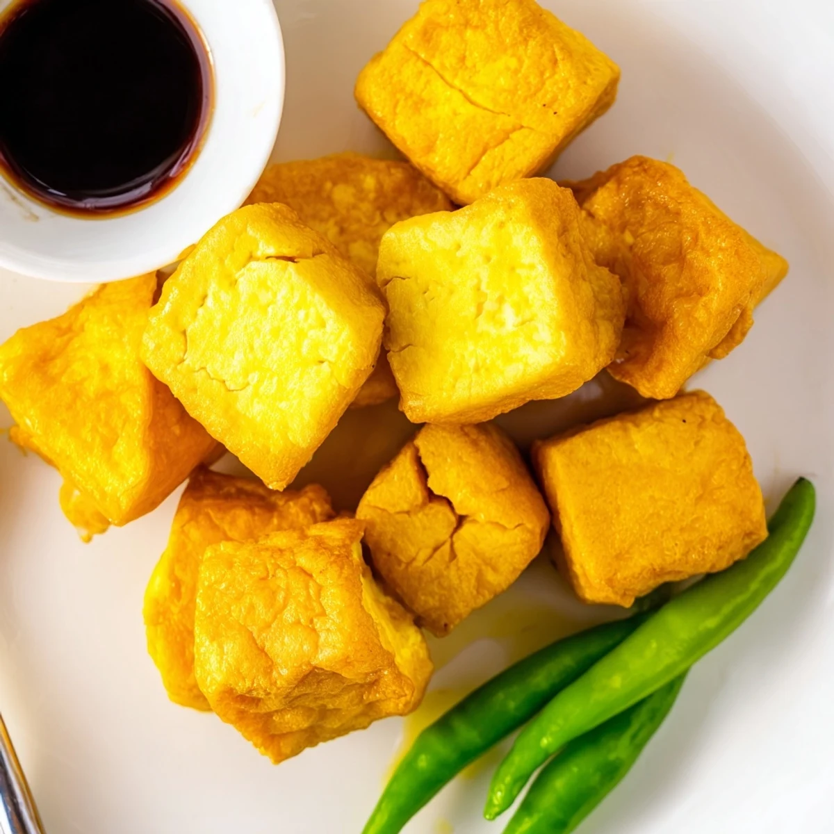 Golden brown Tahu Sumedang crispy fried tofu served on white plate with fresh green bird chilies