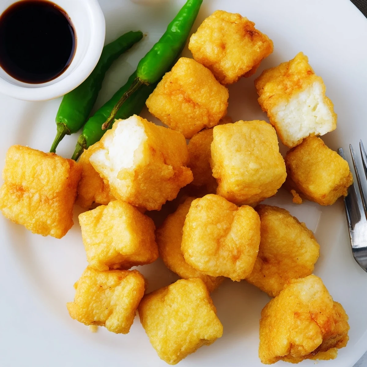 Heap of crispy Indonesian Tahu Sumedang garnished with red chilies and sweet soy sauce dipping bowl