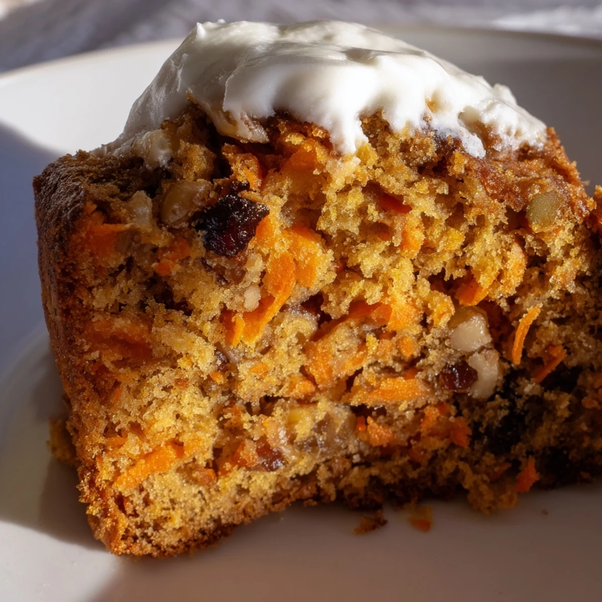 Moist Greek yogurt carrot cake slice topped with powdered sugar on white plate