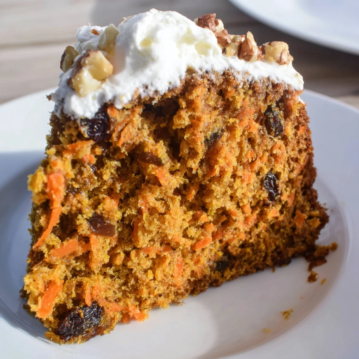 Single bowl Greek yogurt carrot cake with walnuts and cinnamon close-up on wooden surface