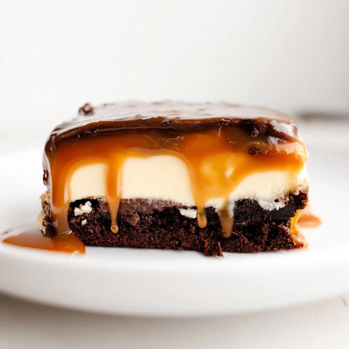 Rich caramel brownie cheesecake bliss showcasing swirled creamy cheesecake over dark fudgy brownie base