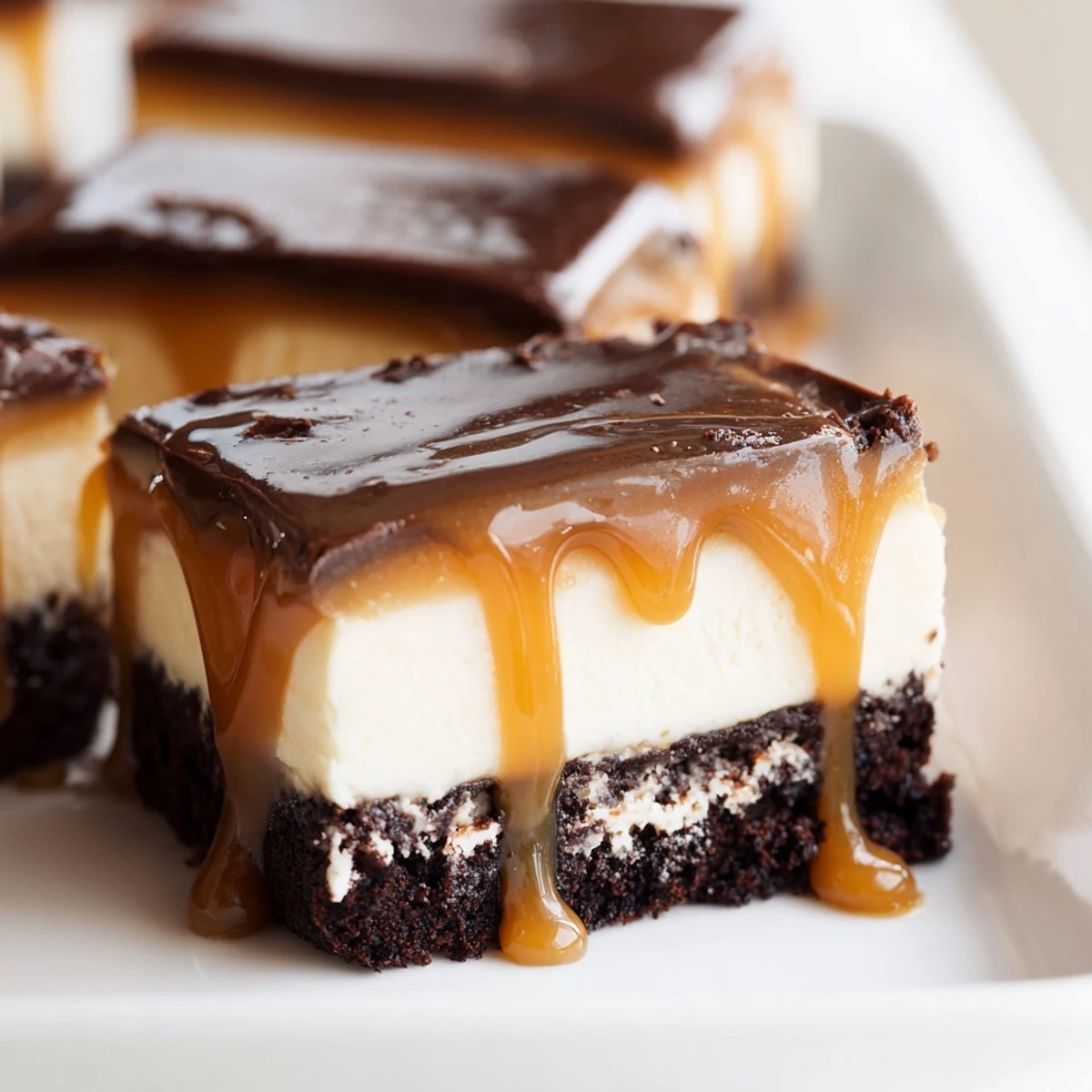 Decadent caramel brownie cheesecake bars featuring fudgy chocolate layers topped with golden dripping caramel sauce