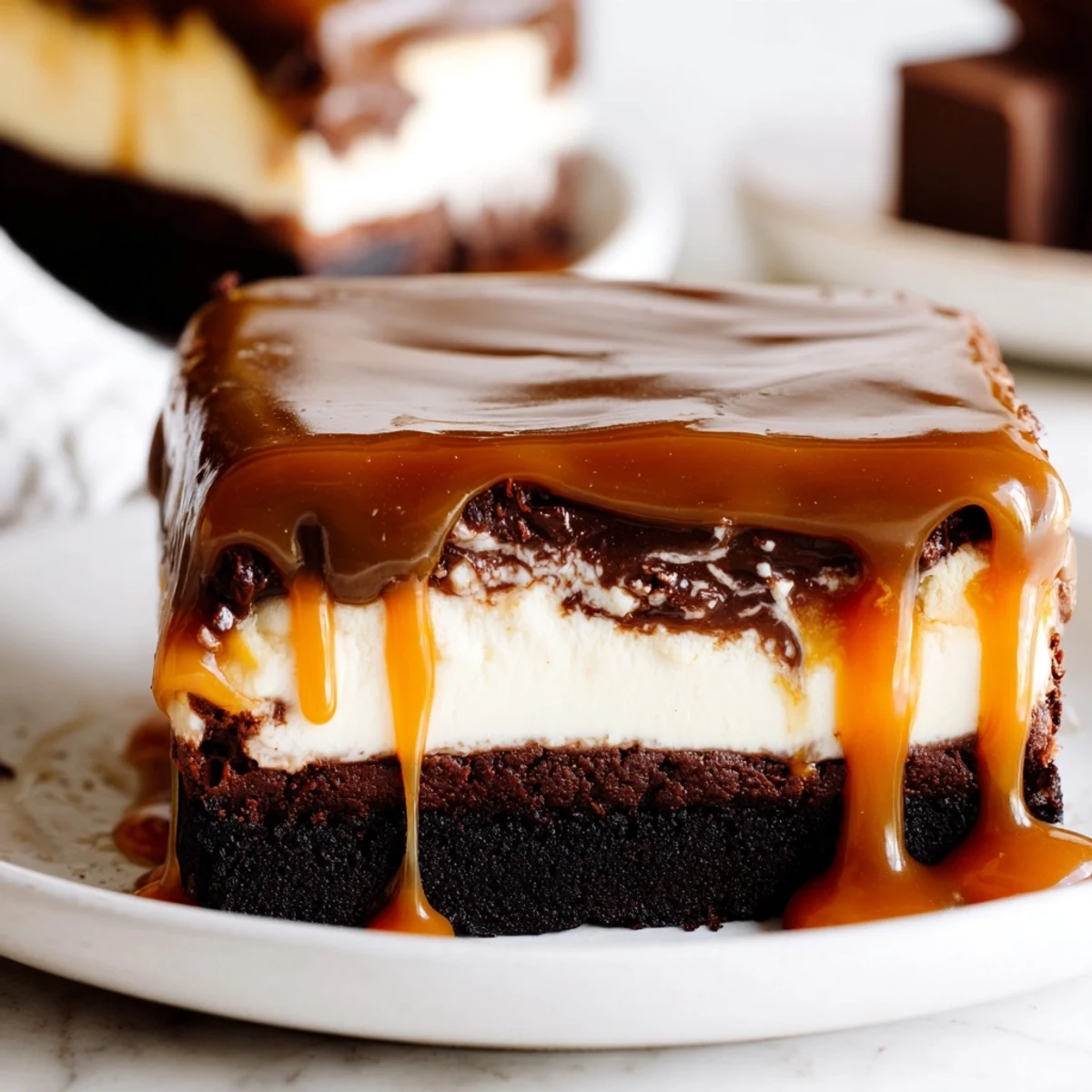 Homemade caramel brownie cheesecake sliced into squares with glossy caramel glaze and vanilla ice cream scoop
