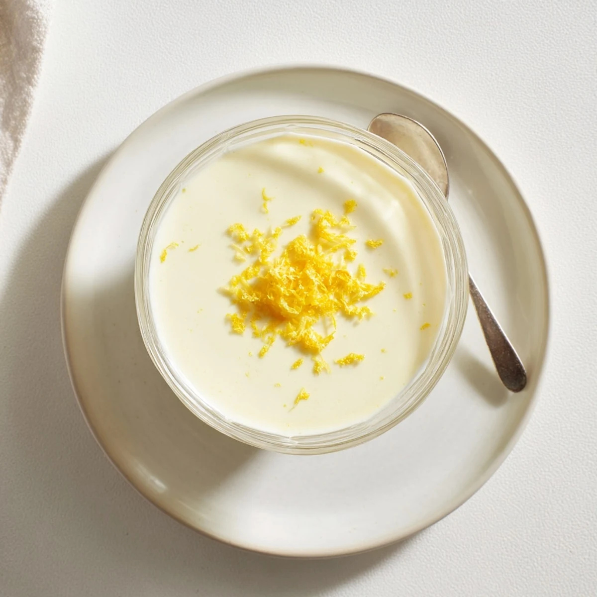 Silky lemon posset set in clear glass with fresh lemon zest garnish and white ceramic spoon