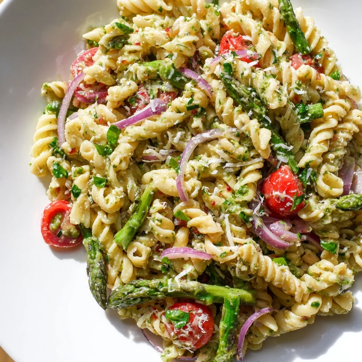 Fresh lemon asparagus pasta salad featuring tender asparagus, cherry tomatoes, and tangy lemon vinaigrette