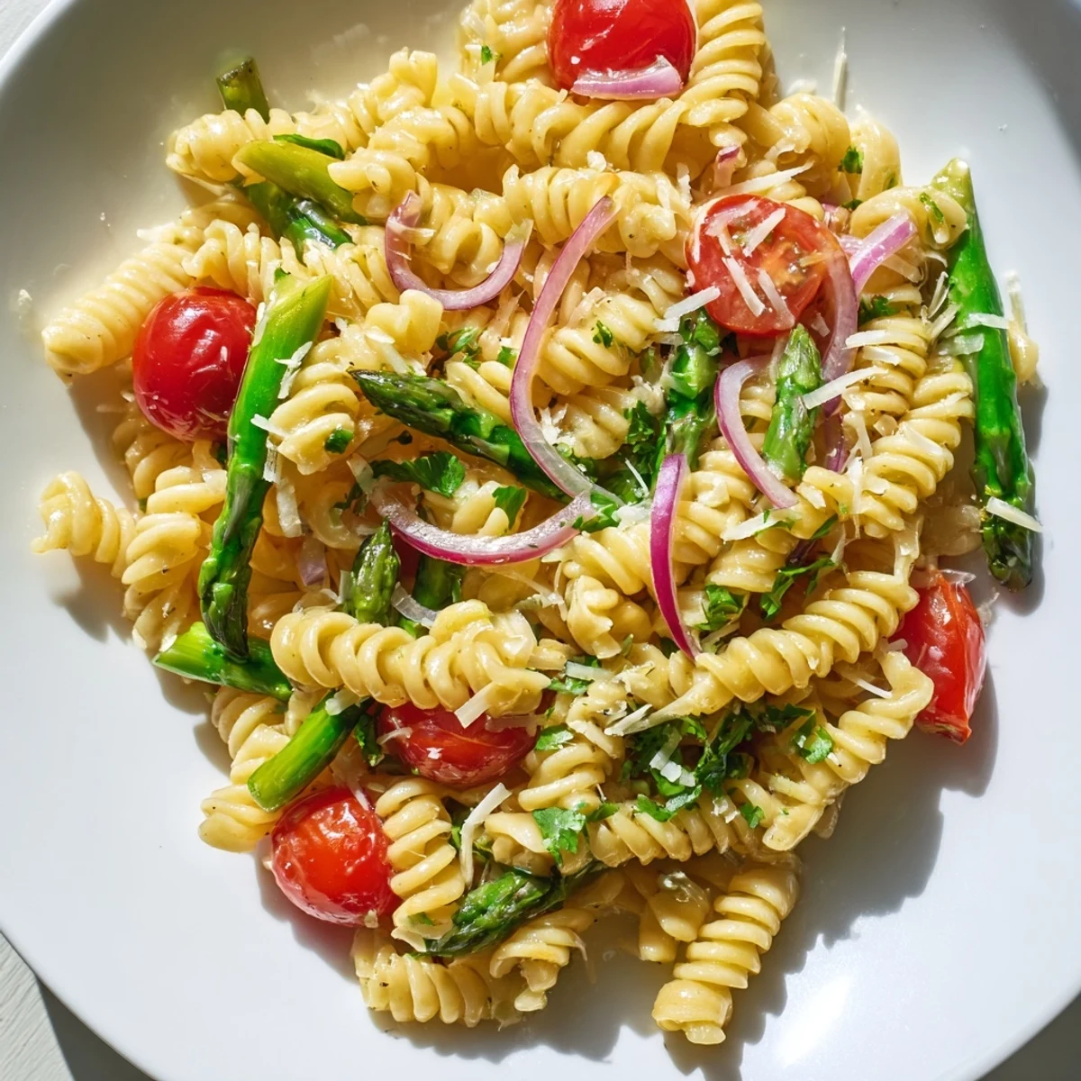 Light and refreshing lemon asparagus pasta salad garnished with parmesan and red onion