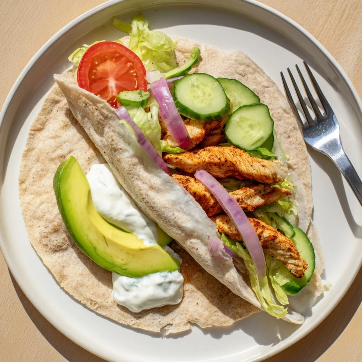 Golden cottage cheese flatbread wrapped around spiced grilled chicken with fresh lettuce tomato and avocado slices